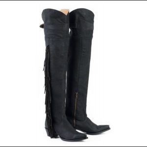 STETSON BLACK FRINGE OVER-THE-KNEE LEATHER BOOT.